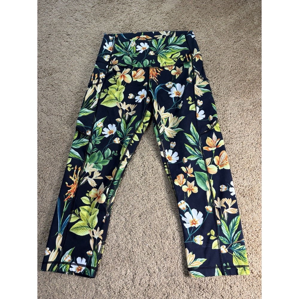 Ododos‎ Leggings Medium High Waisted Black Tropical Print Side Pocket Yoga
